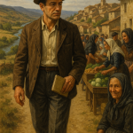 Hombre con libro en mercado rural tradicional