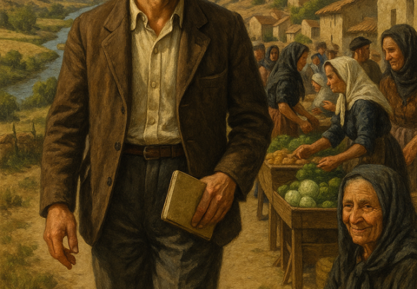 Hombre con libro en mercado rural tradicional