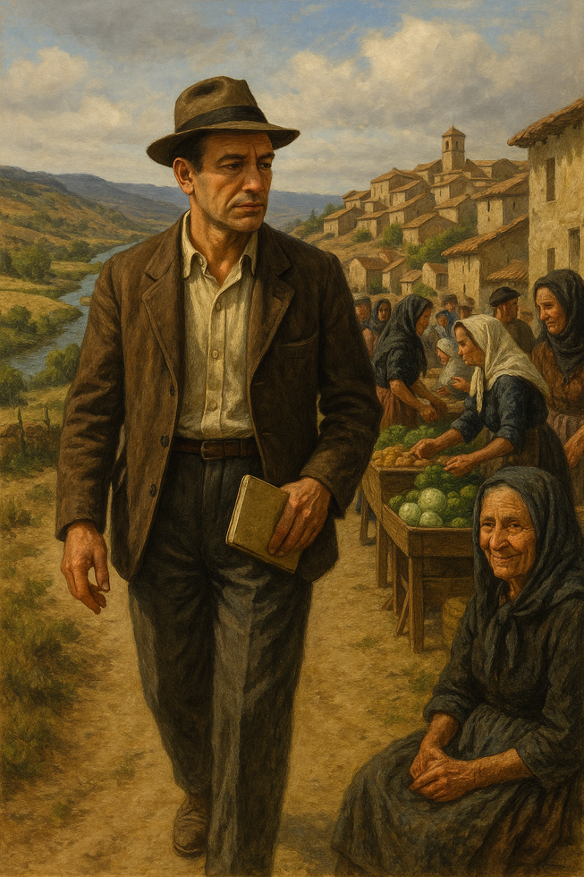 Hombre con libro en mercado rural tradicional